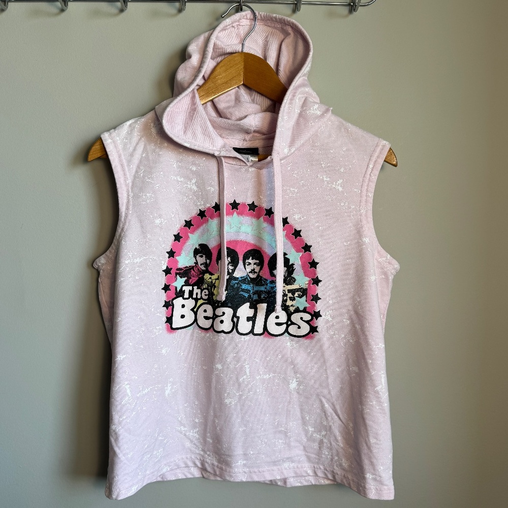 The Beatles Graphic Print Women's Sleeveless Hoodie Pink Medium Drawstring 60s